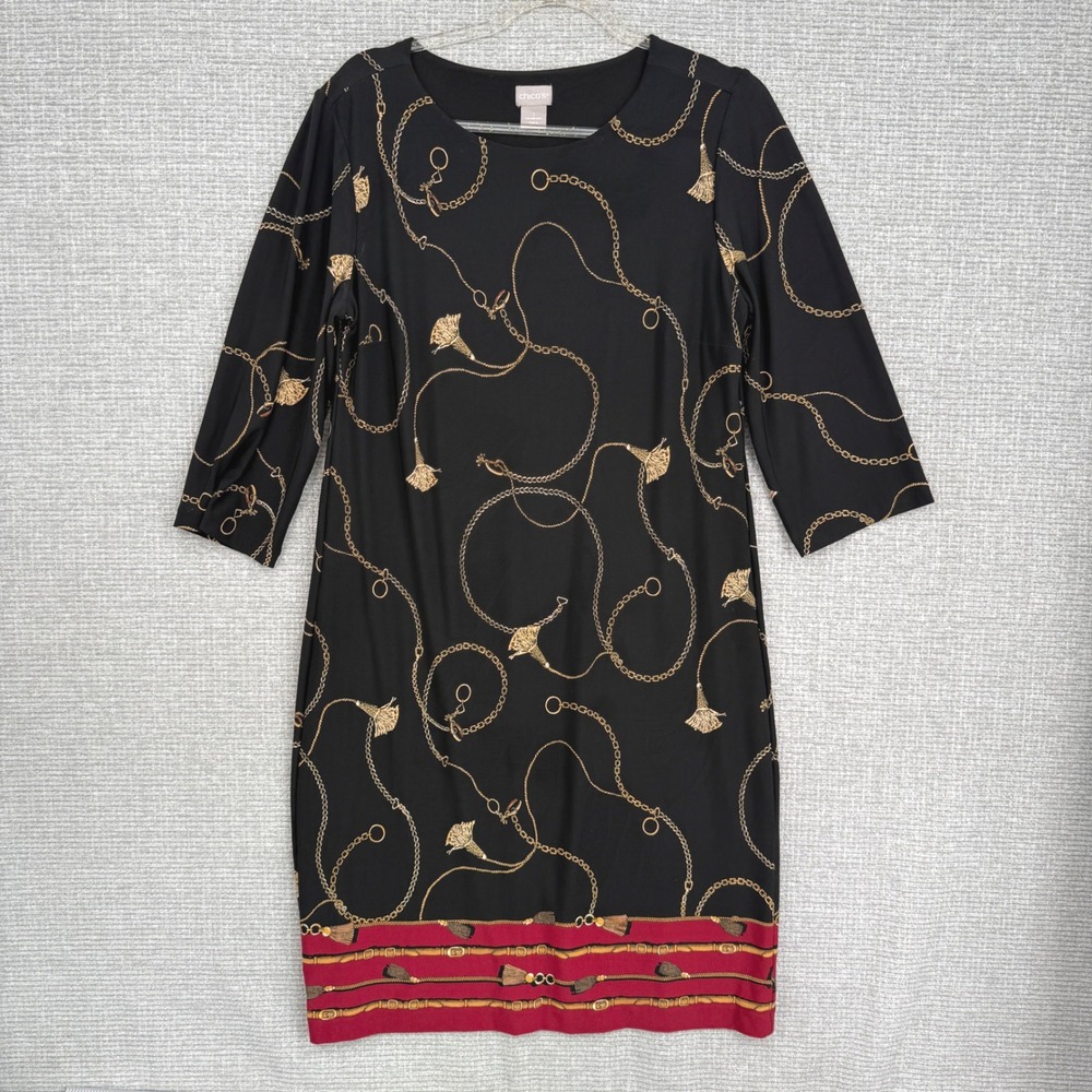 Chicos Women's Black Gold Chain 3/4 Sleeve Dress Sz 1 (8/10) Midi Horse Knit